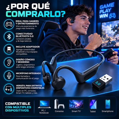 Auriculares Bluetooth Gamer + Adaptador 5.0
