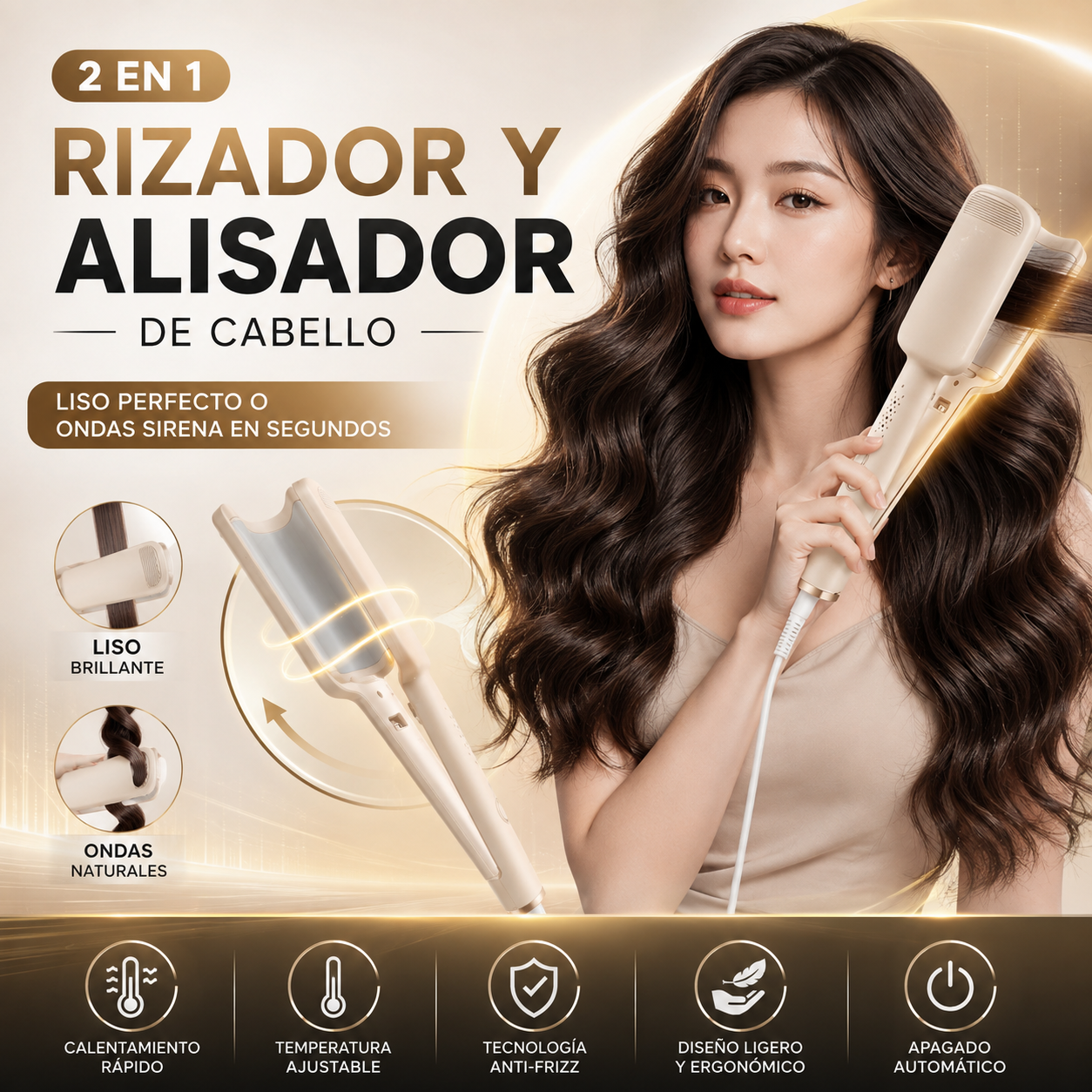 Rizador Y Alisador De Cabello 2 En 1