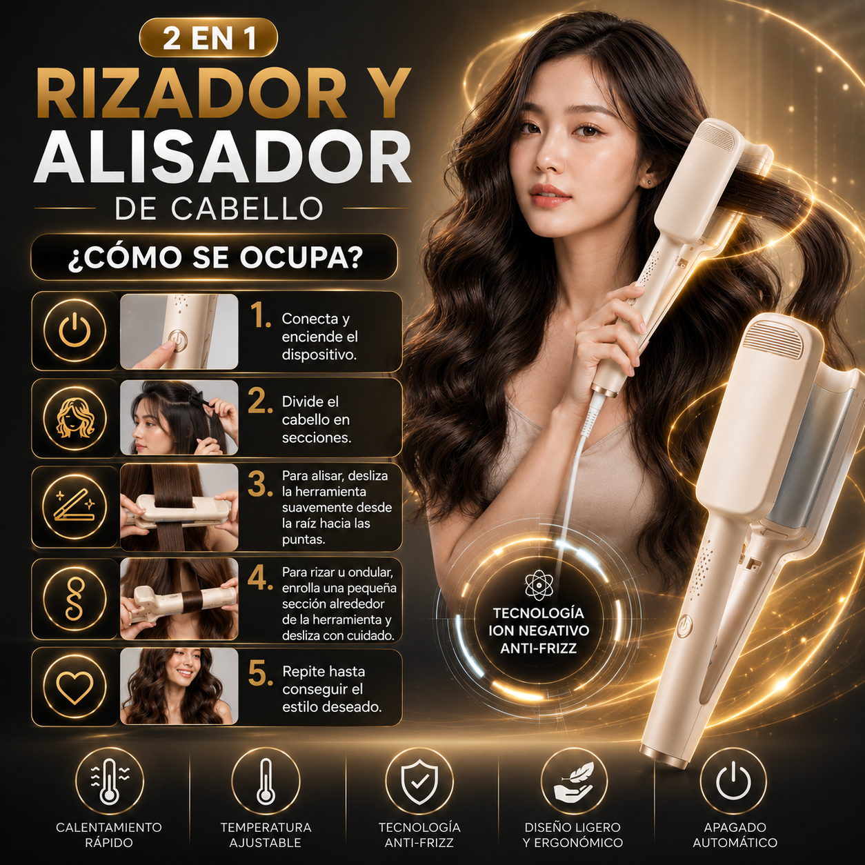 Rizador Y Alisador De Cabello 2 En 1