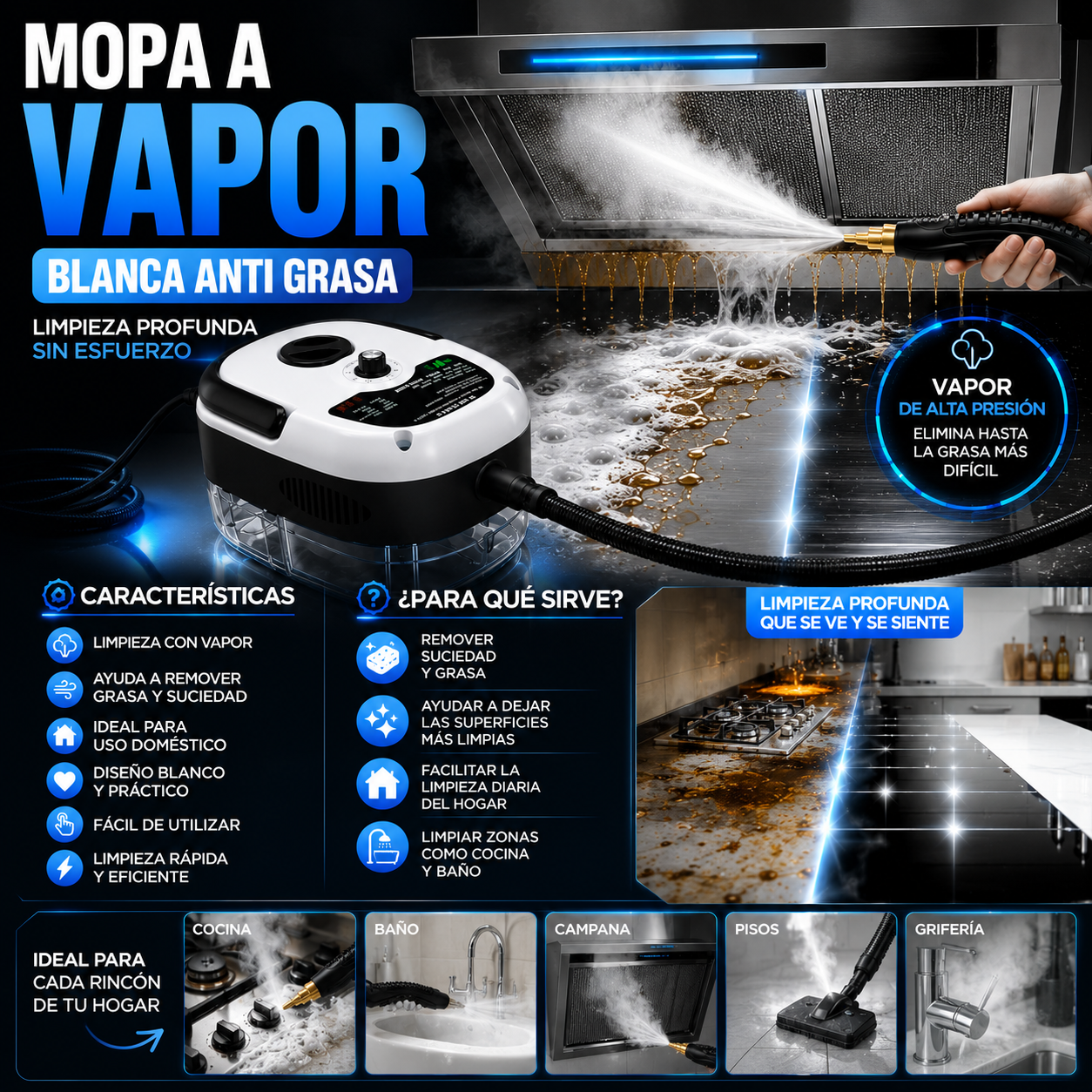 Mopa a Vapor Blanca Anti Grasa