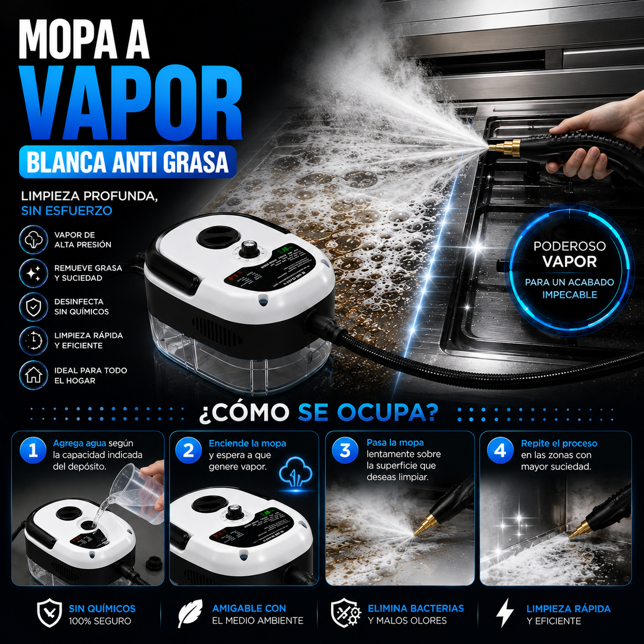Mopa a Vapor Blanca Anti Grasa