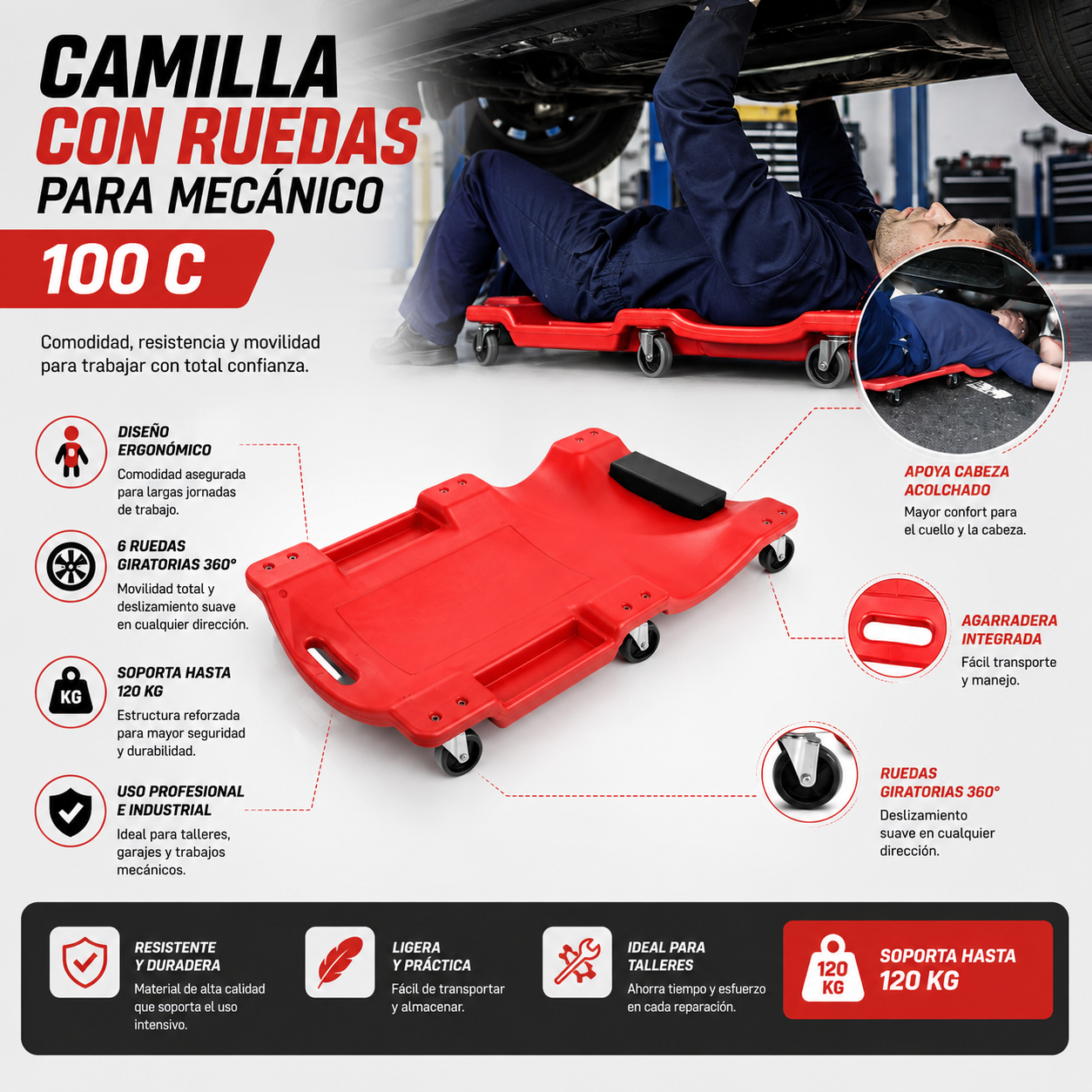 Camilla Con Ruedas Para Mecanico 100 C