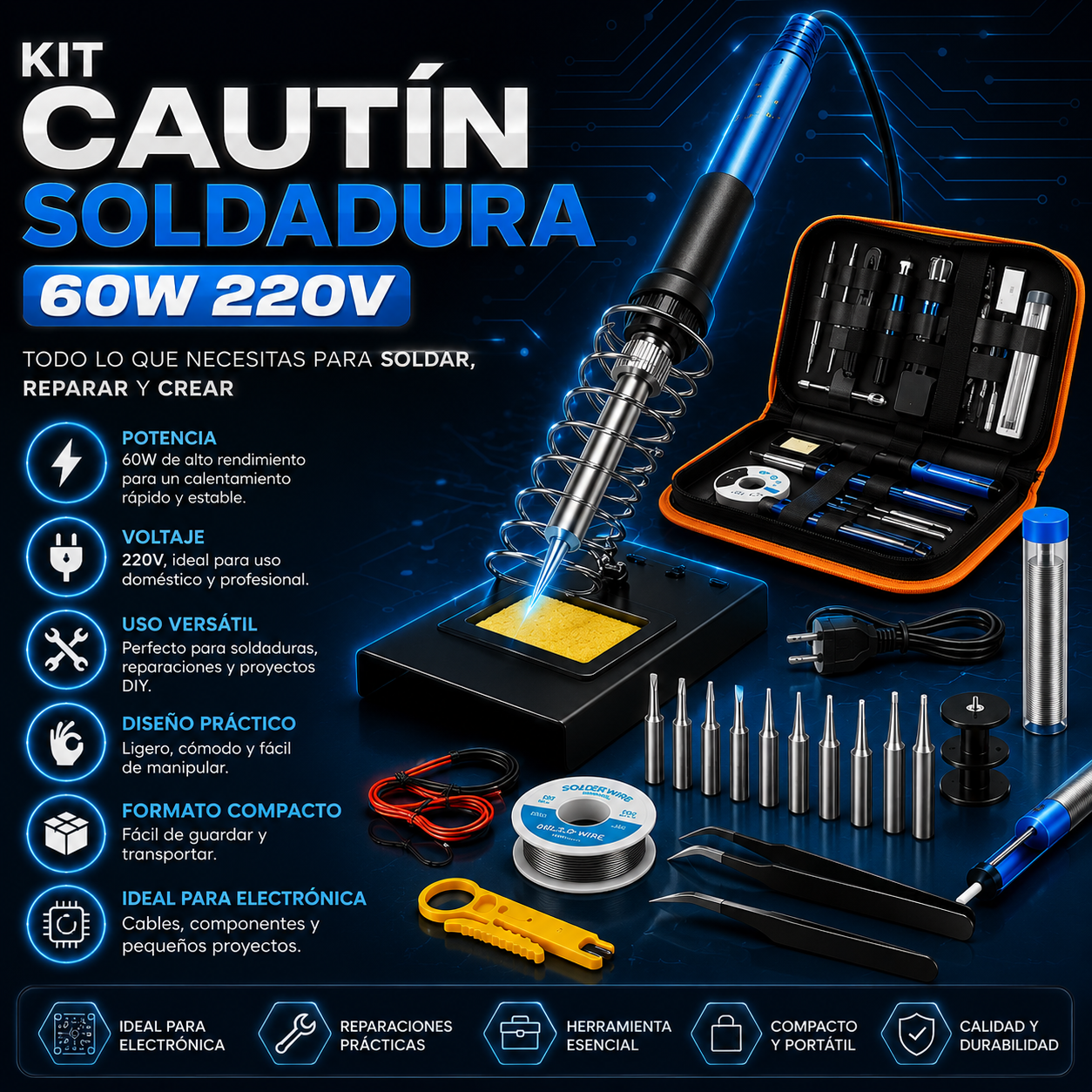 Kit Cautín Soldador 60W 220V – Ideal para Reparaciones y Proyectos