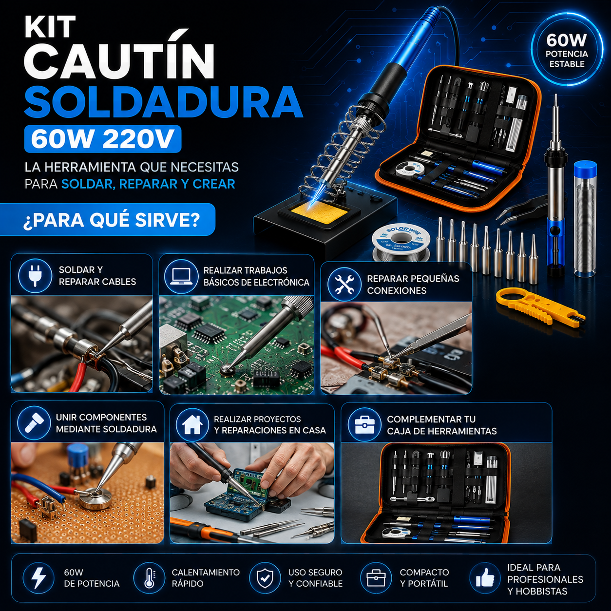 Kit Cautín Soldador 60W 220V – Ideal para Reparaciones y Proyectos