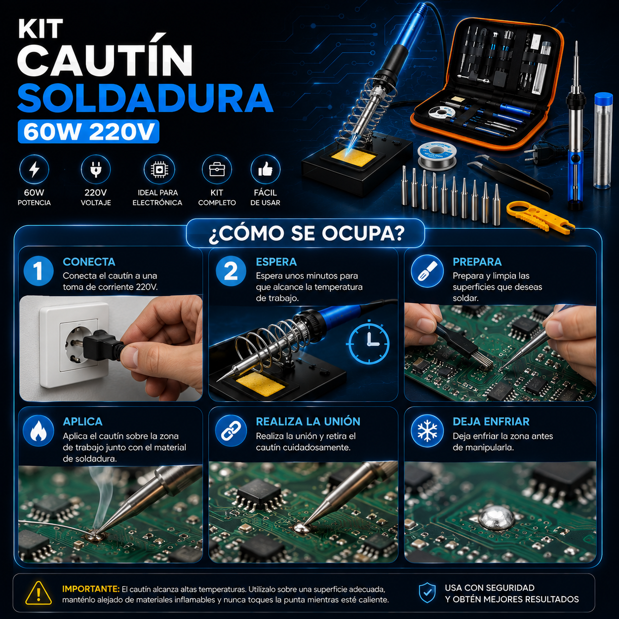 Kit Cautín Soldador 60W 220V – Ideal para Reparaciones y Proyectos
