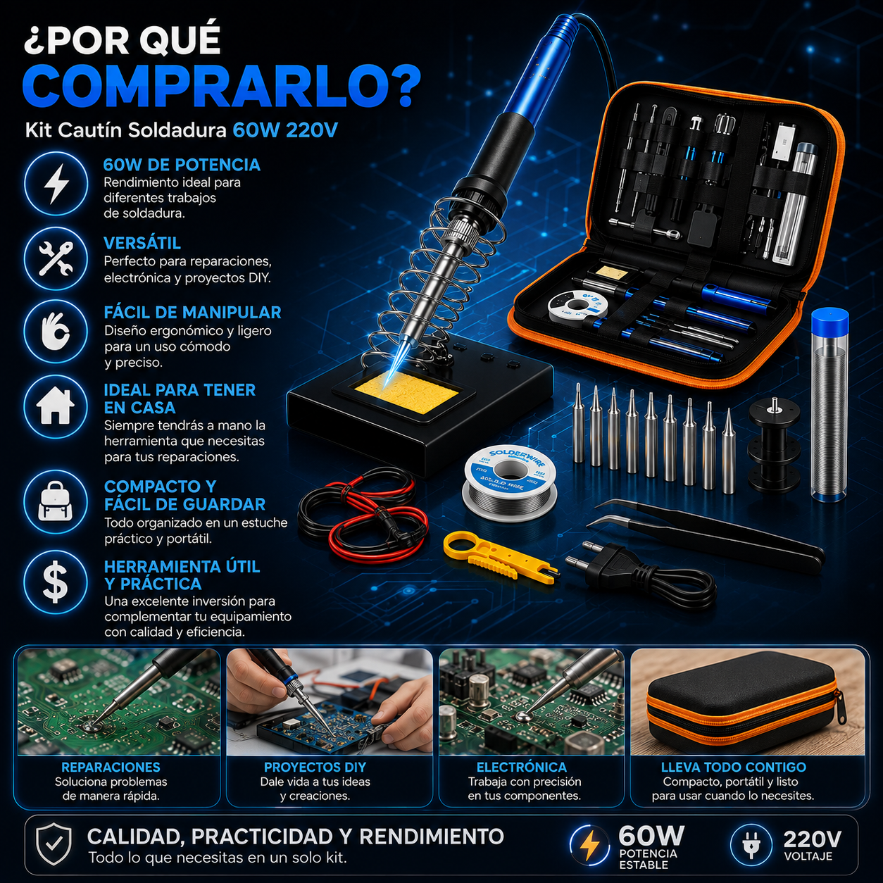 Kit Cautín Soldador 60W 220V – Ideal para Reparaciones y Proyectos