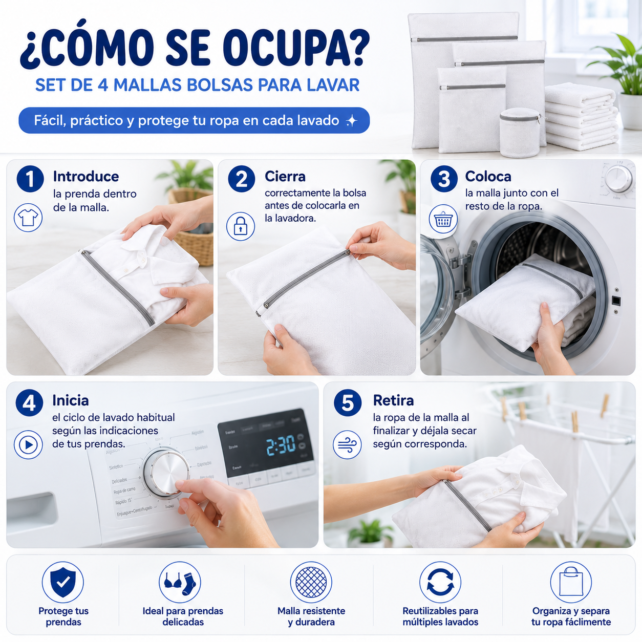 ⭐ Set de 4 Mallas Bolsas para Lavar Ropa – Protección y Cuidado para tus Prendas