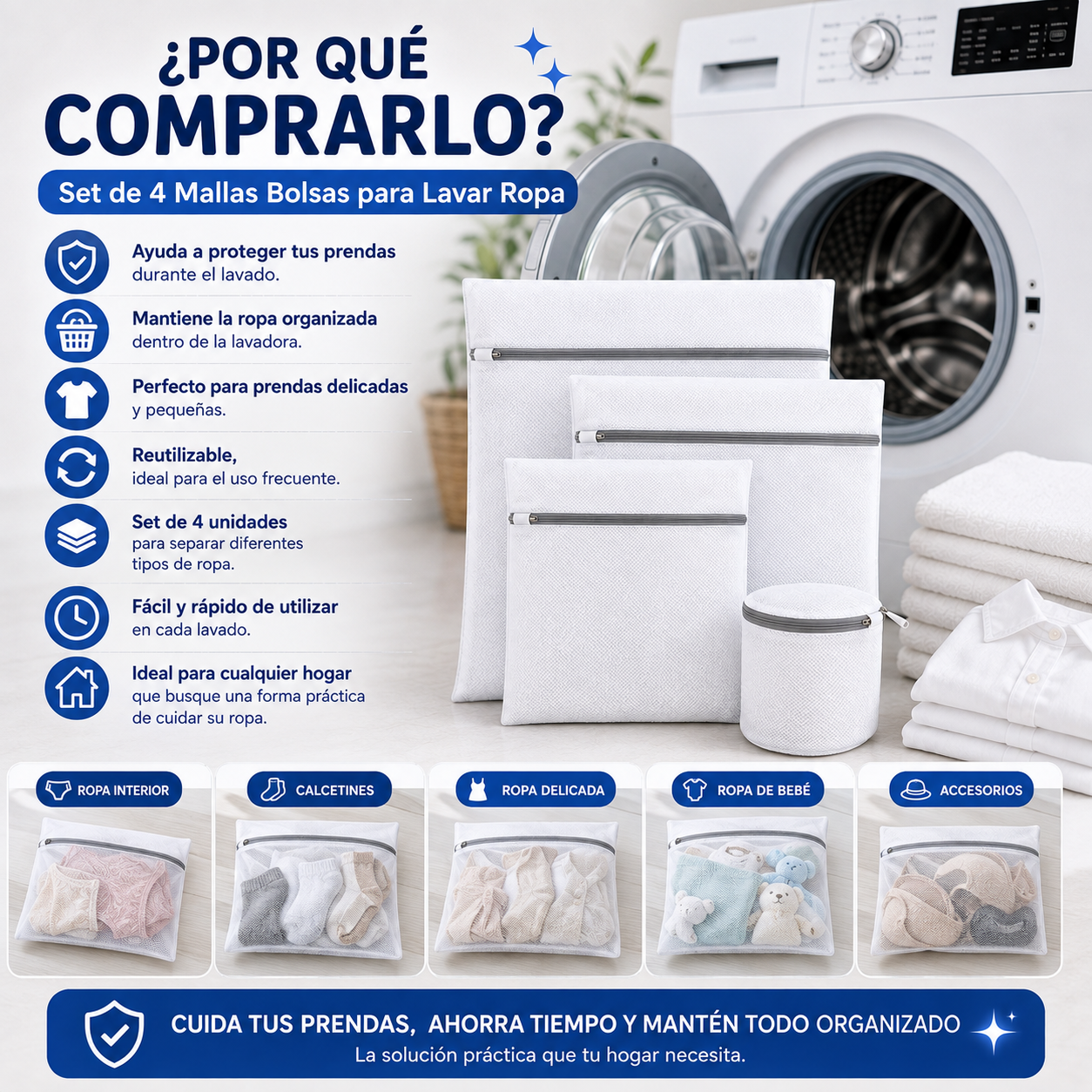 ⭐ Set de 4 Mallas Bolsas para Lavar Ropa – Protección y Cuidado para tus Prendas
