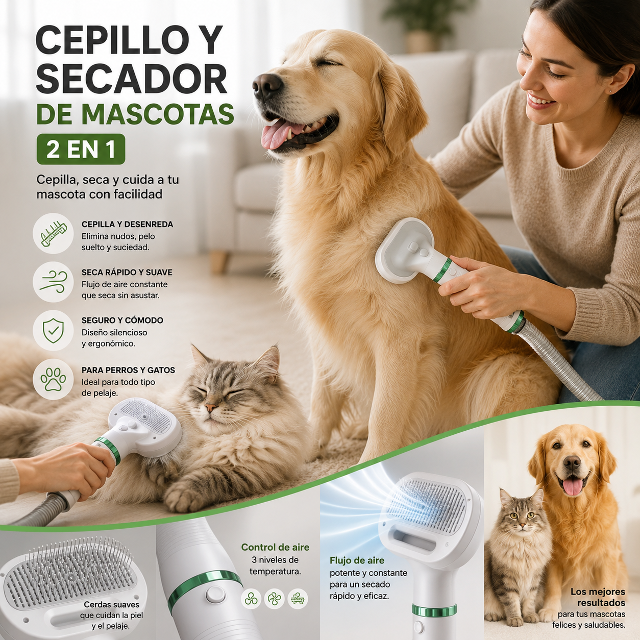 Cepillo Y Secador De Mascotas 2 En 1