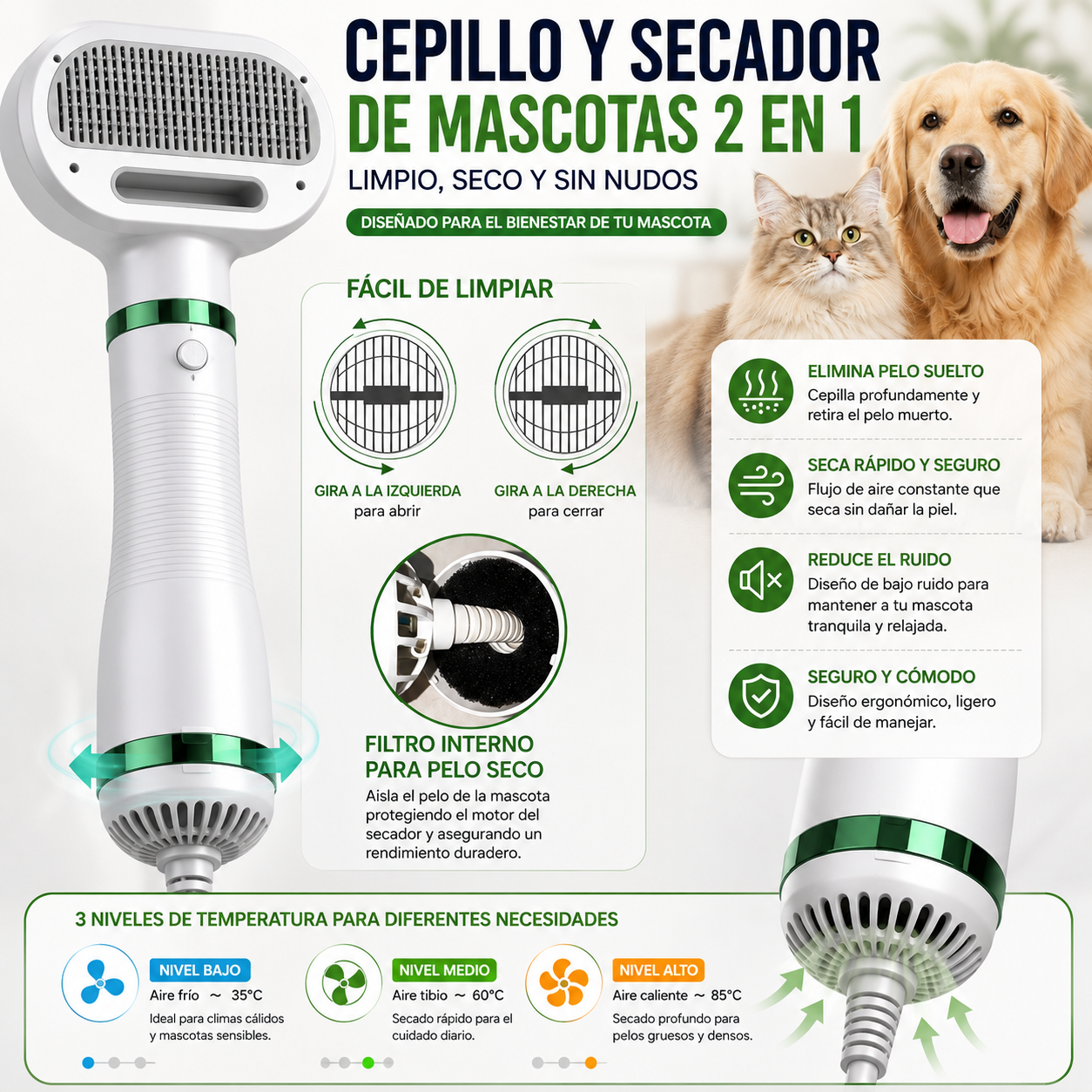 Cepillo Y Secador De Mascotas 2 En 1