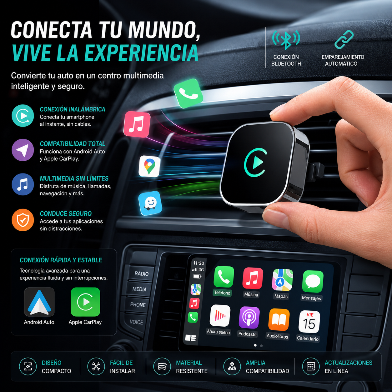 🔗 Adaptador Inalámbrico CarPlay / Android Auto USB – Plug & Play