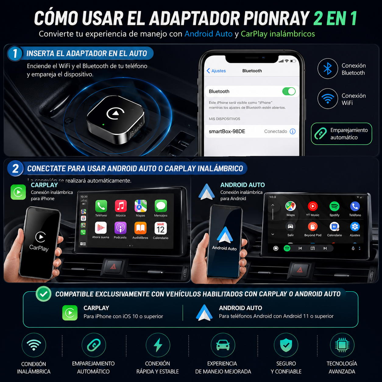 🔗 Adaptador Inalámbrico CarPlay / Android Auto USB – Plug & Play
