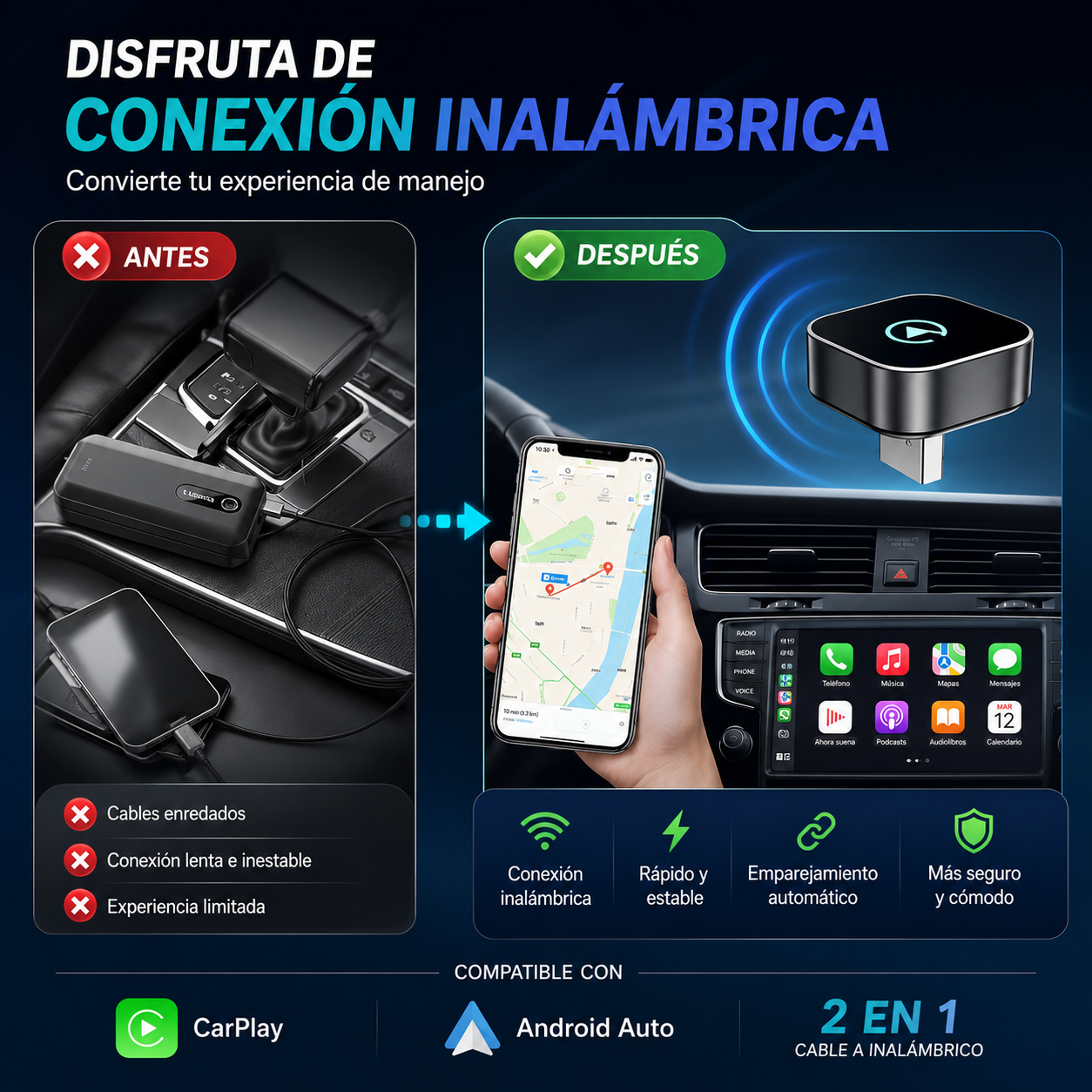 🔗 Adaptador Inalámbrico CarPlay / Android Auto USB – Plug & Play