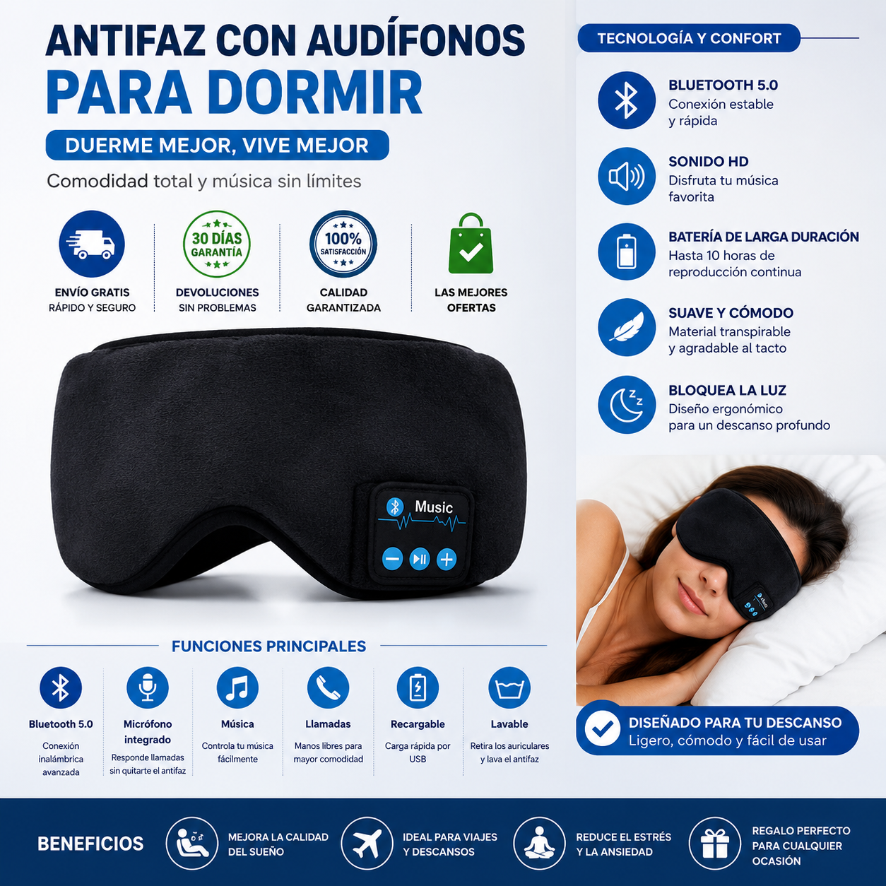 Antifaz Con Audifonos Para Dormir