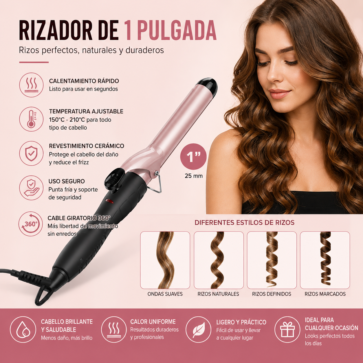 Rizador de 1 pulgada con barril de revestimiento de cerámica