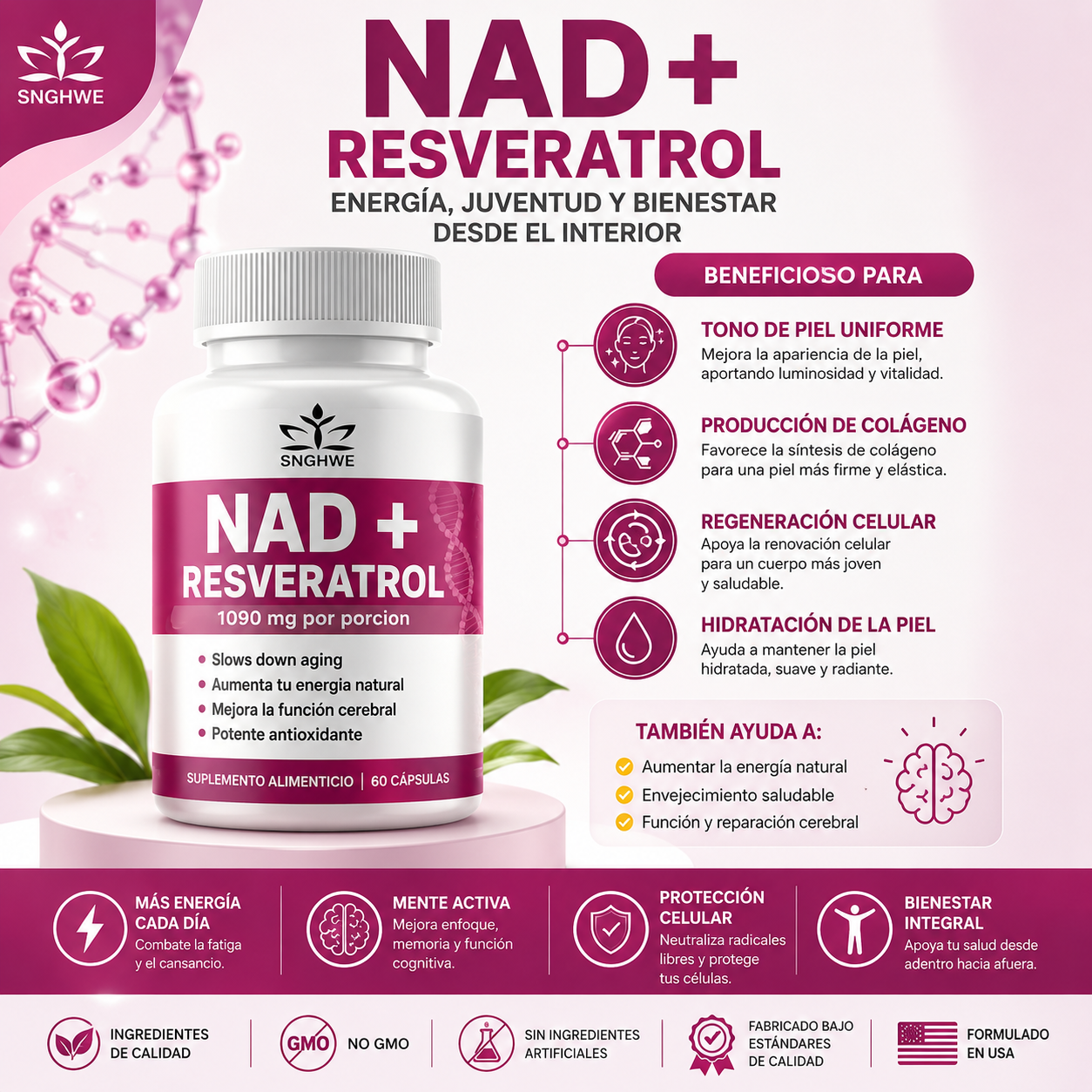 Nad + Resveratrol 1000mg Original, 60 Caps. Original Sin Sabor