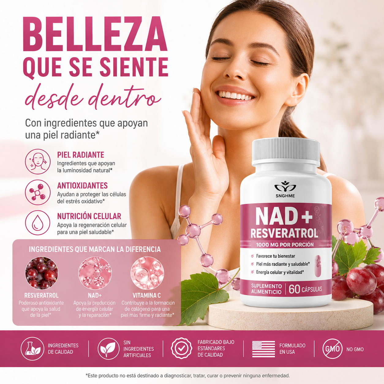Nad + Resveratrol 1000mg Original, 60 Caps. Original Sin Sabor