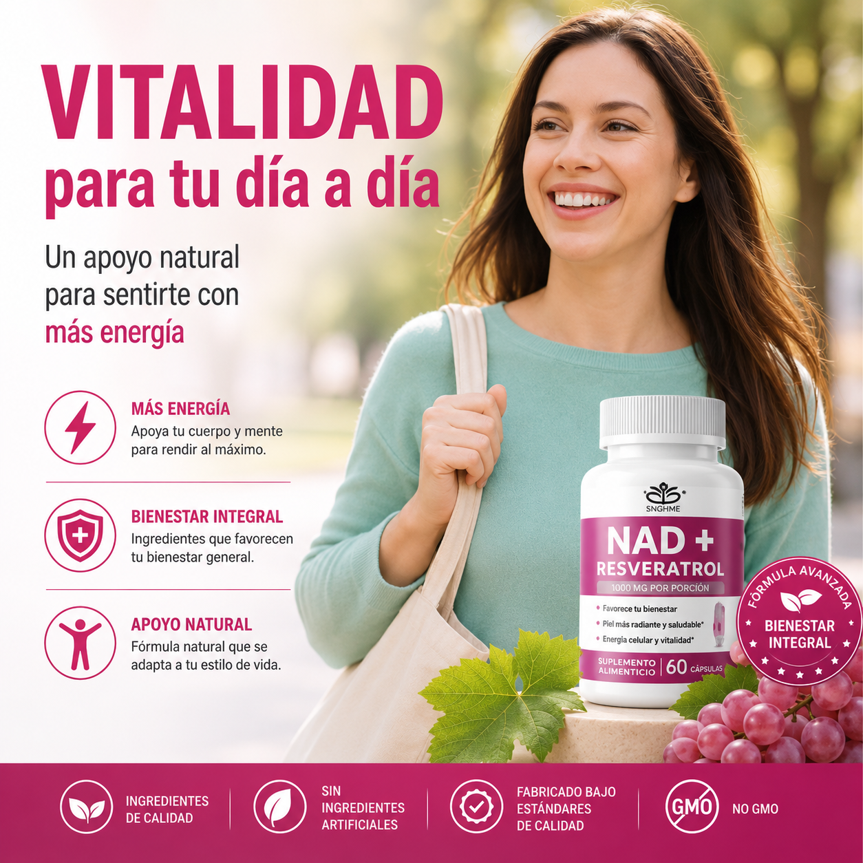 Nad + Resveratrol 1000mg Original, 60 Caps. Original Sin Sabor