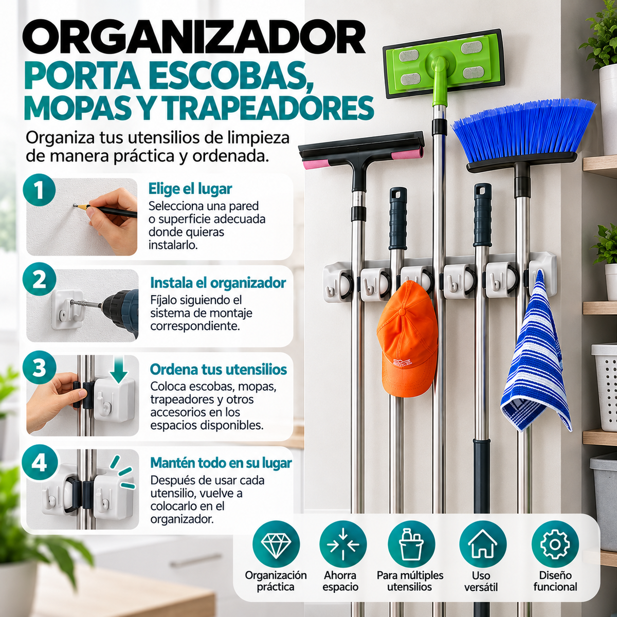 Organizador Porta Escobas, Mopas y Trapeadores