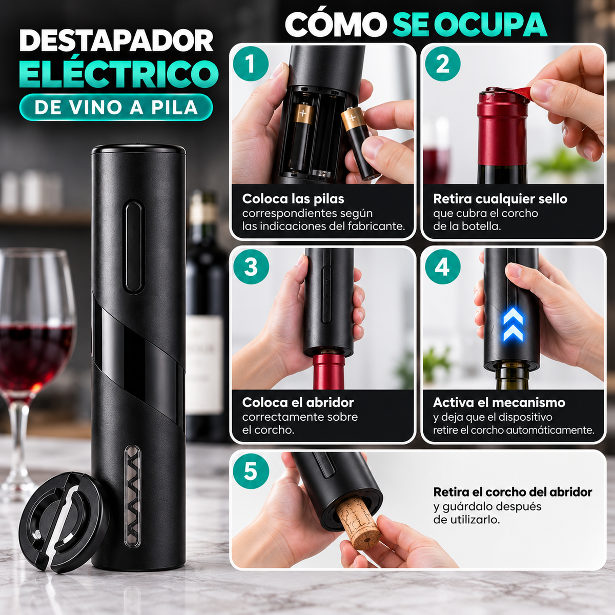 Destapador Eléctrico de Vino a Pila