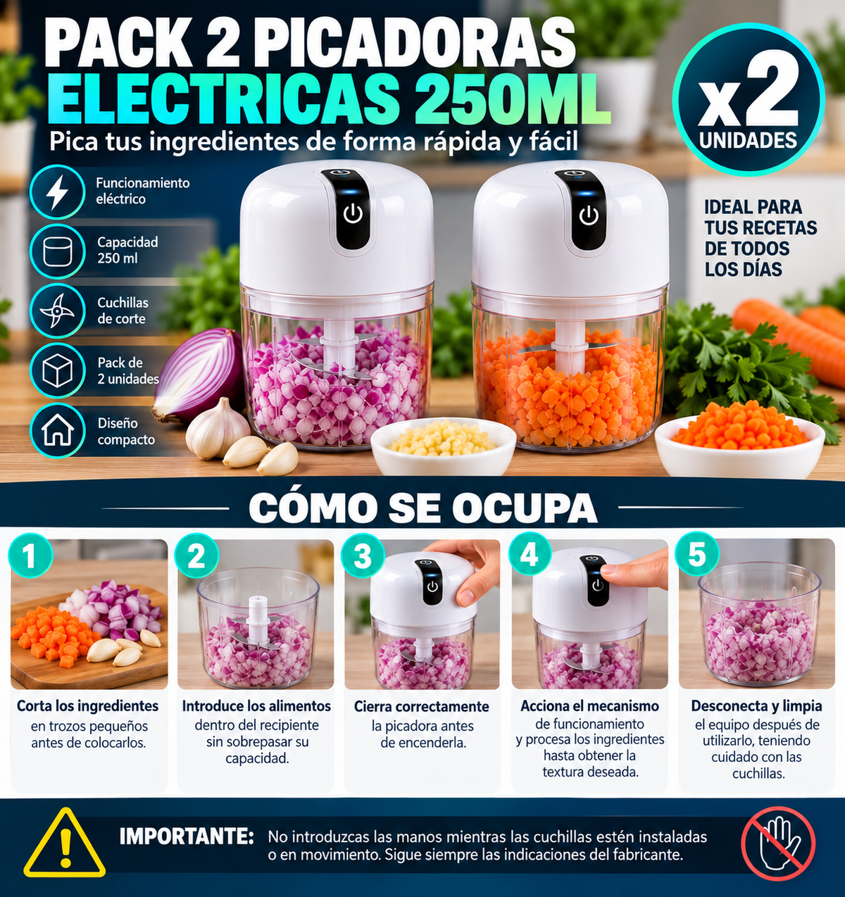 Pack 2 Picadoras Eléctricas 250ML