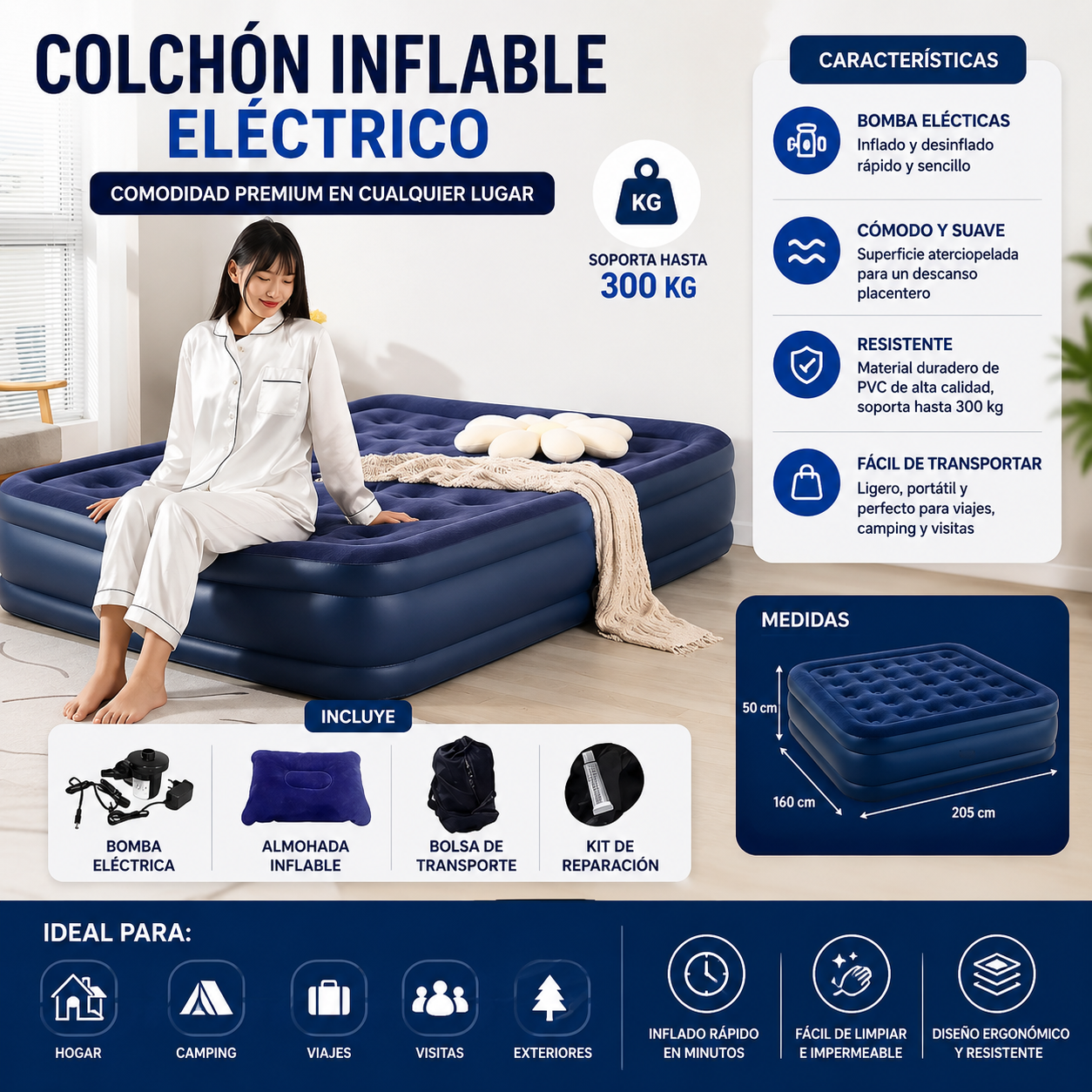 Colchon Inflable Electrico 205x160x50