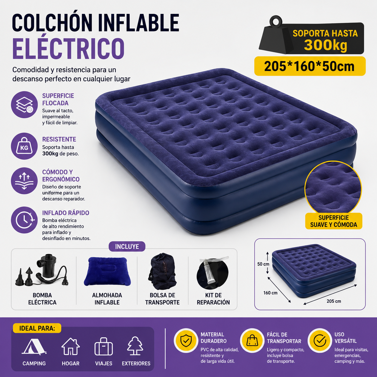 Colchon Inflable Electrico 205x160x50