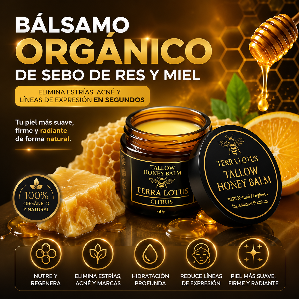 Bálsamo Orgánico de Sebo de Res y Miel-Elimina estrías, acné y líneas de expresión en segundos