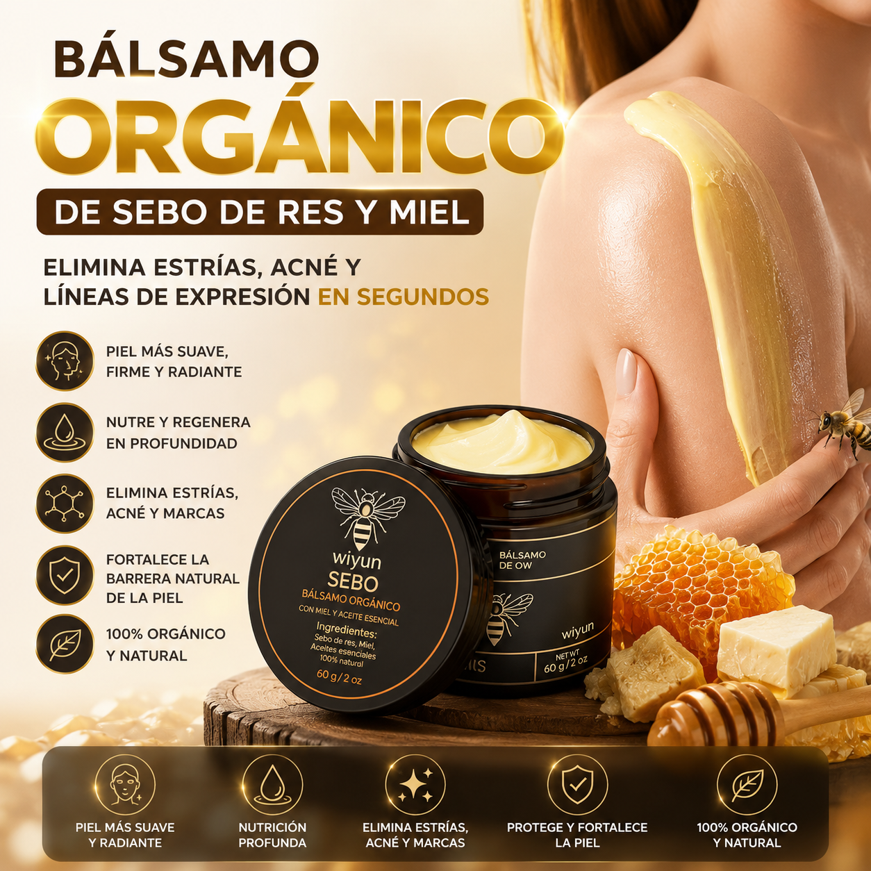 Bálsamo Orgánico de Sebo de Res y Miel-Elimina estrías, acné y líneas de expresión en segundos