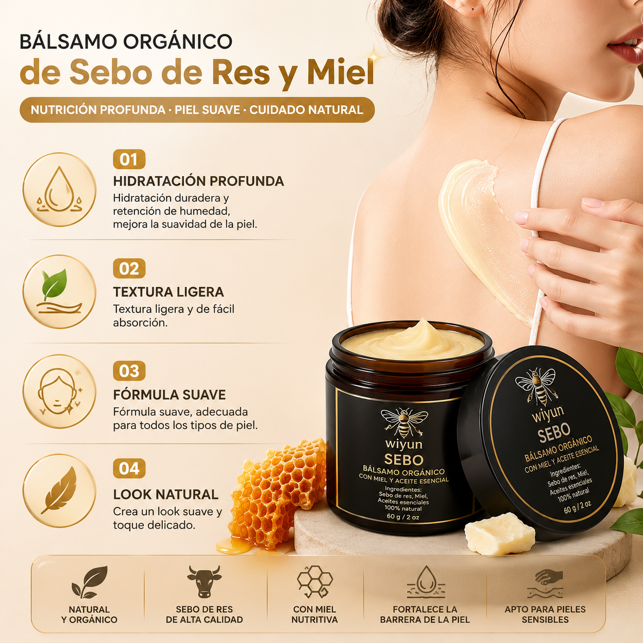 Bálsamo Orgánico de Sebo de Res y Miel-Elimina estrías, acné y líneas de expresión en segundos