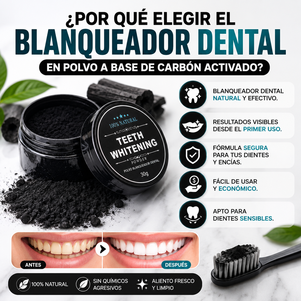 BLANQUEADOR DENTAL EN POLVO A BASE DE CARBÓN ACTIVADO