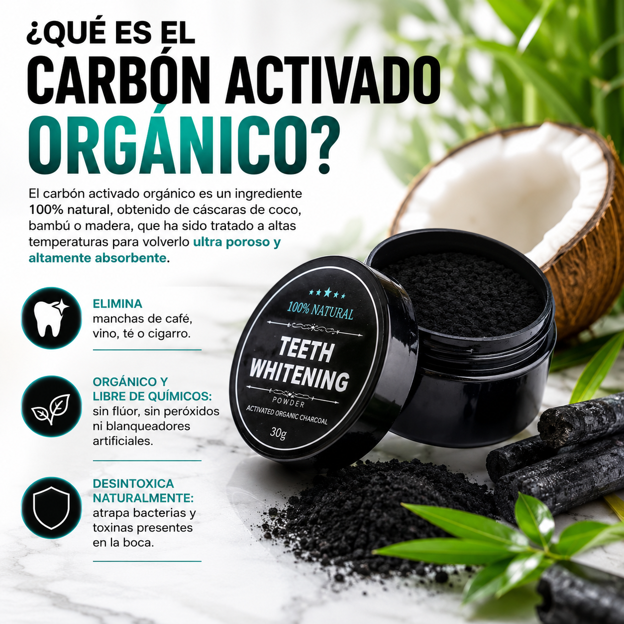 BLANQUEADOR DENTAL EN POLVO A BASE DE CARBÓN ACTIVADO