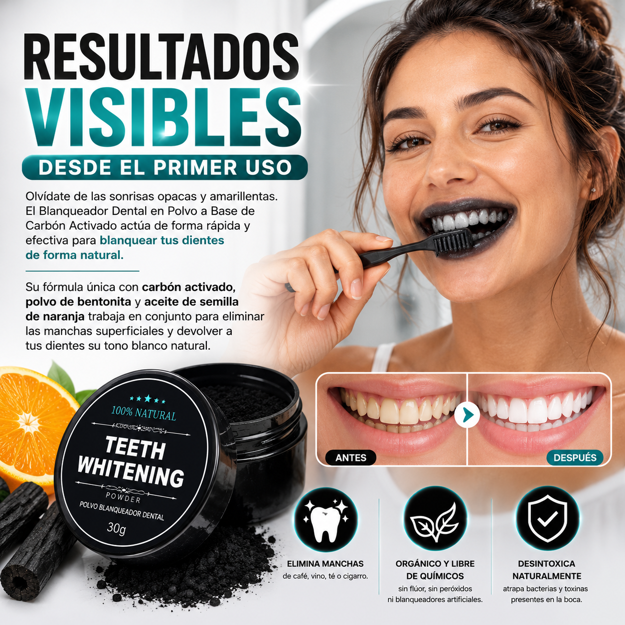 BLANQUEADOR DENTAL EN POLVO A BASE DE CARBÓN ACTIVADO
