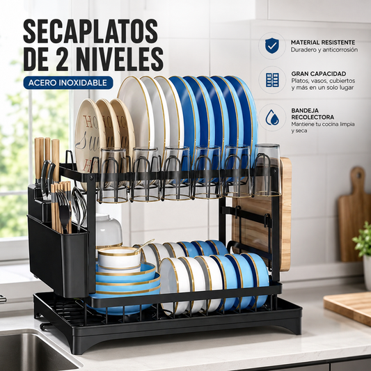 Secaplatos de Acero Inoxidable de 2 Niveles con Sistema de Drenaje Automático