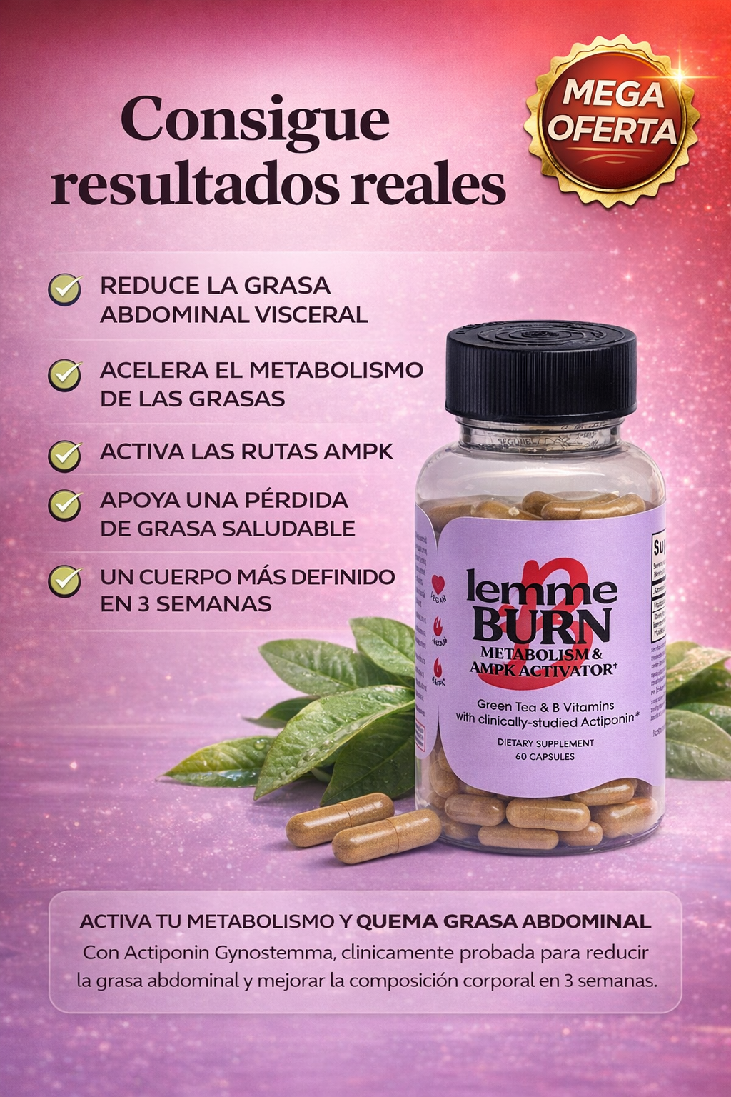 1 Botella Lemme Burn, Quema Grasa, Activa Metabolismo Y Eleva Energía, 60 Cápsulas.
