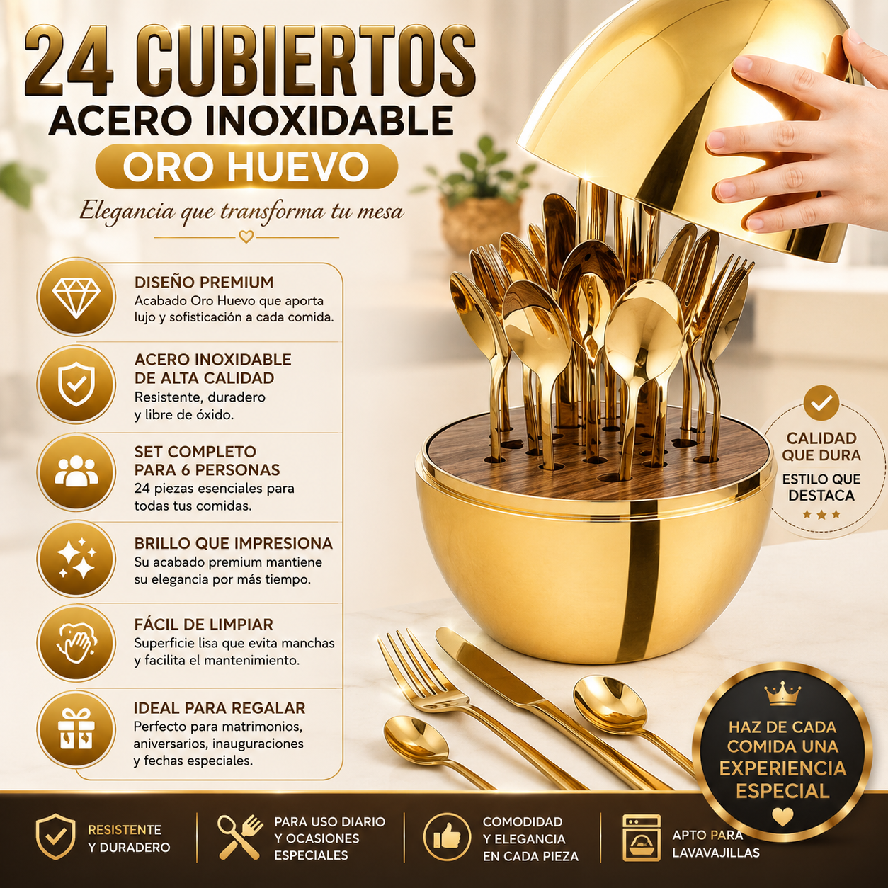 Set de 24 Cubiertos Premium Color Oro