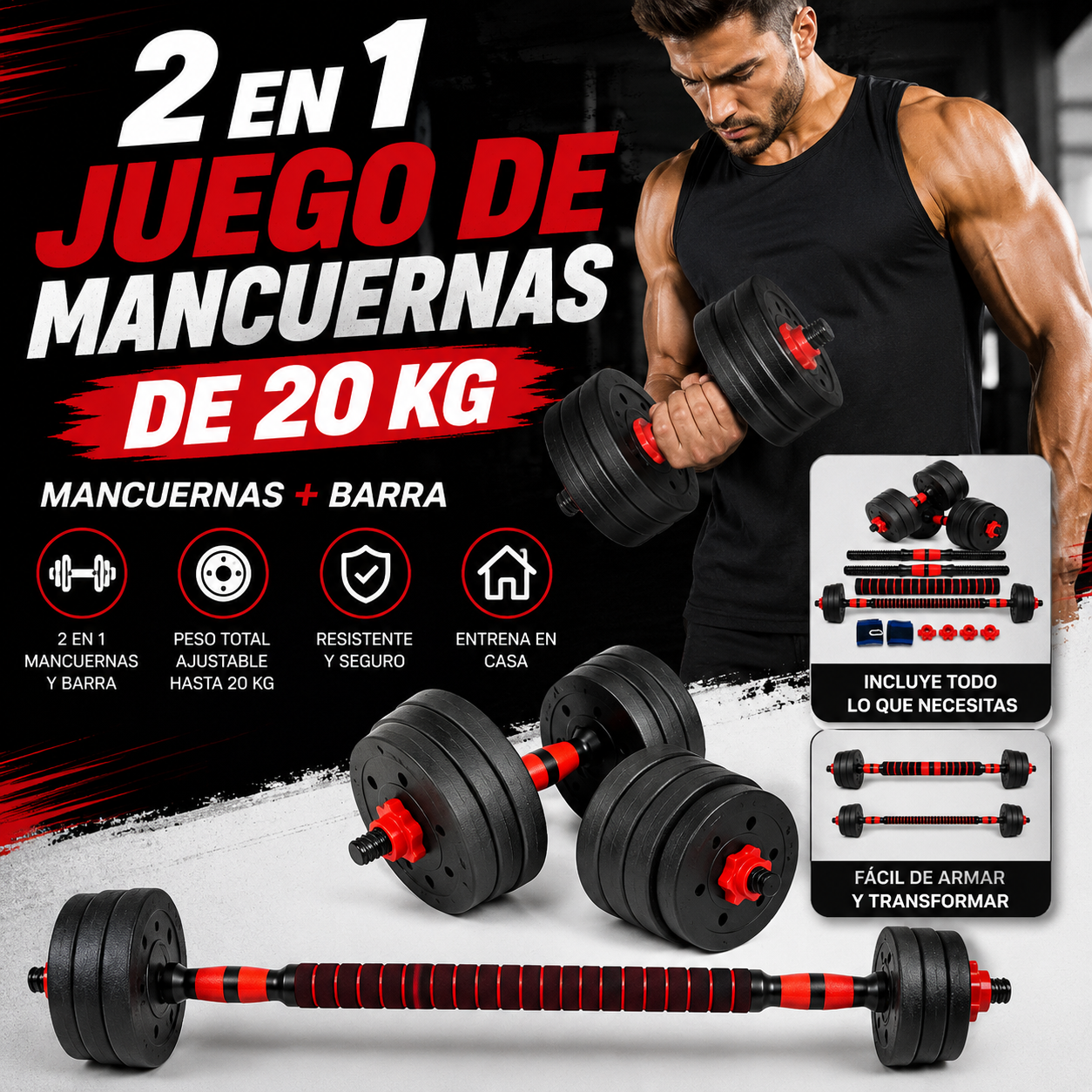 Juego De Mancuernas 2 En 1 De 20 Kg Ajustables