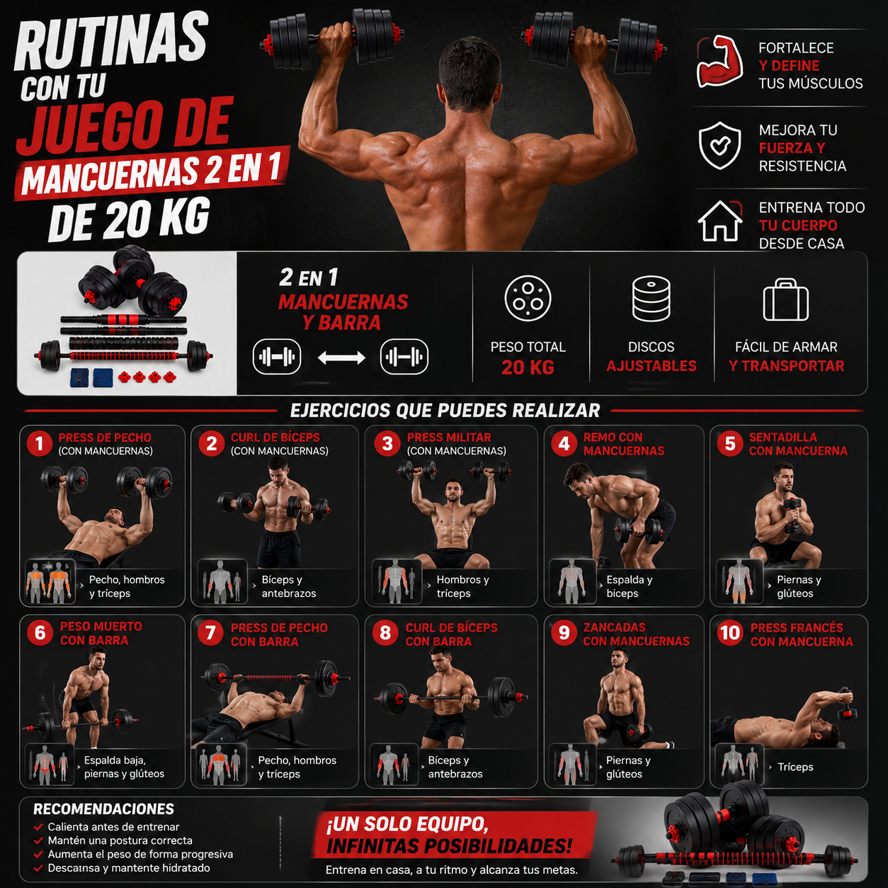 Juego De Mancuernas 2 En 1 De 20 Kg Ajustables