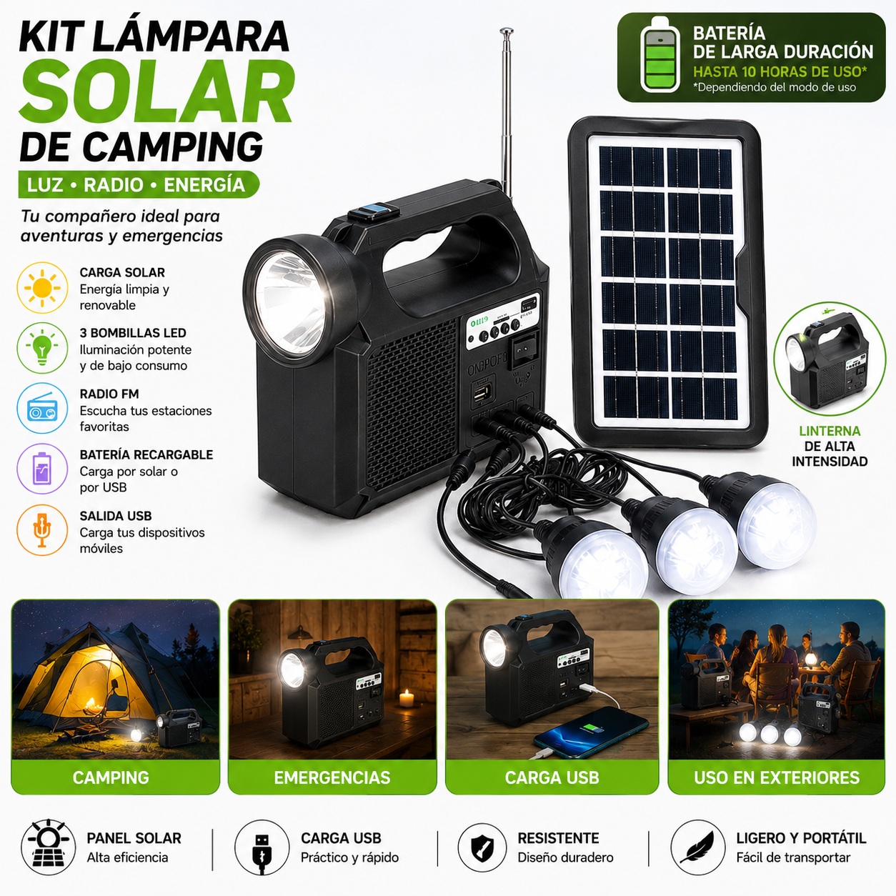 Kit Lampara Solar De Camping Usb Radio
