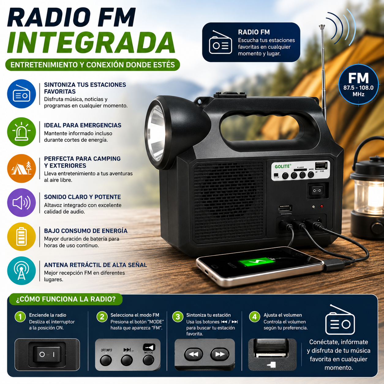 Kit Lampara Solar De Camping Usb Radio