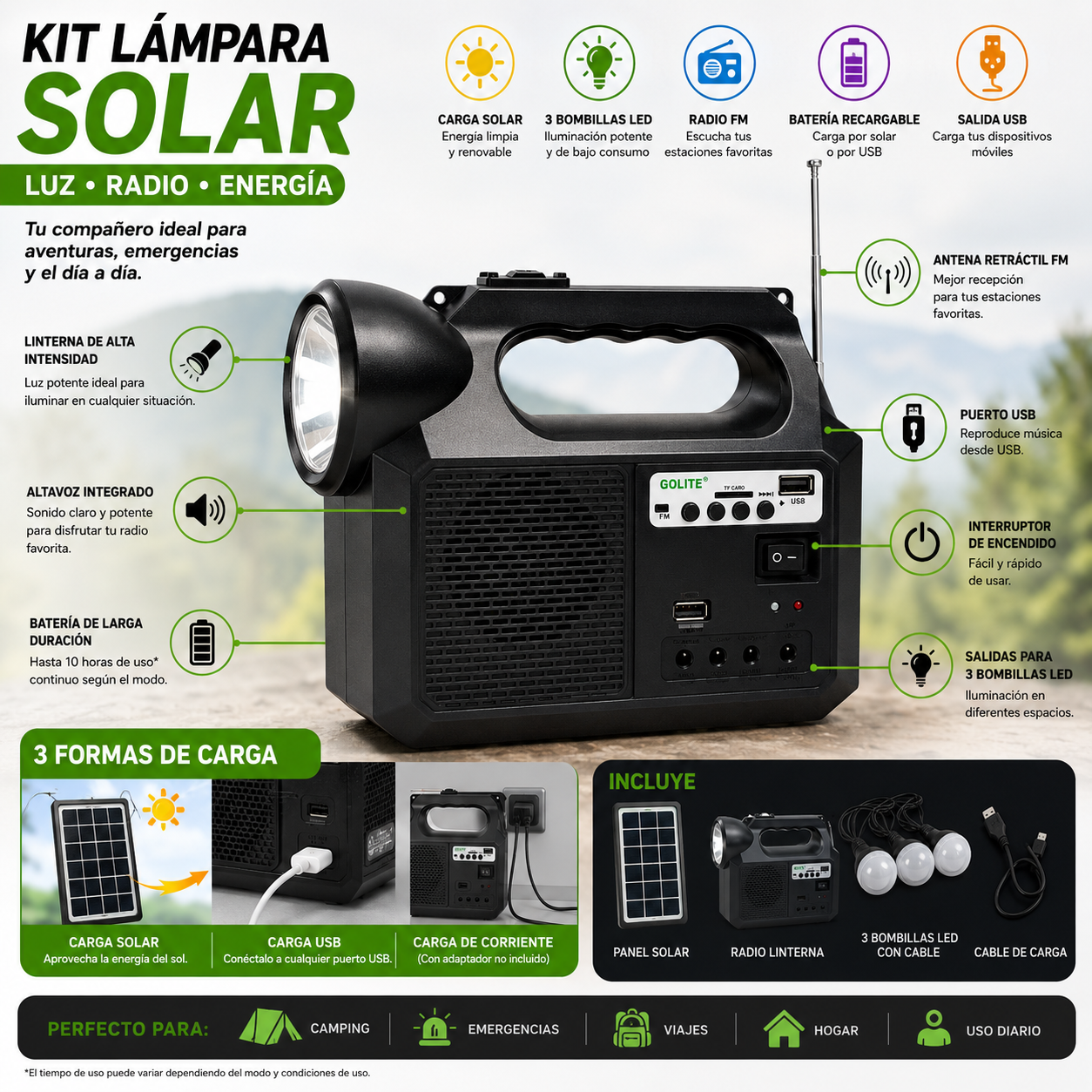 Kit Lampara Solar De Camping Usb Radio
