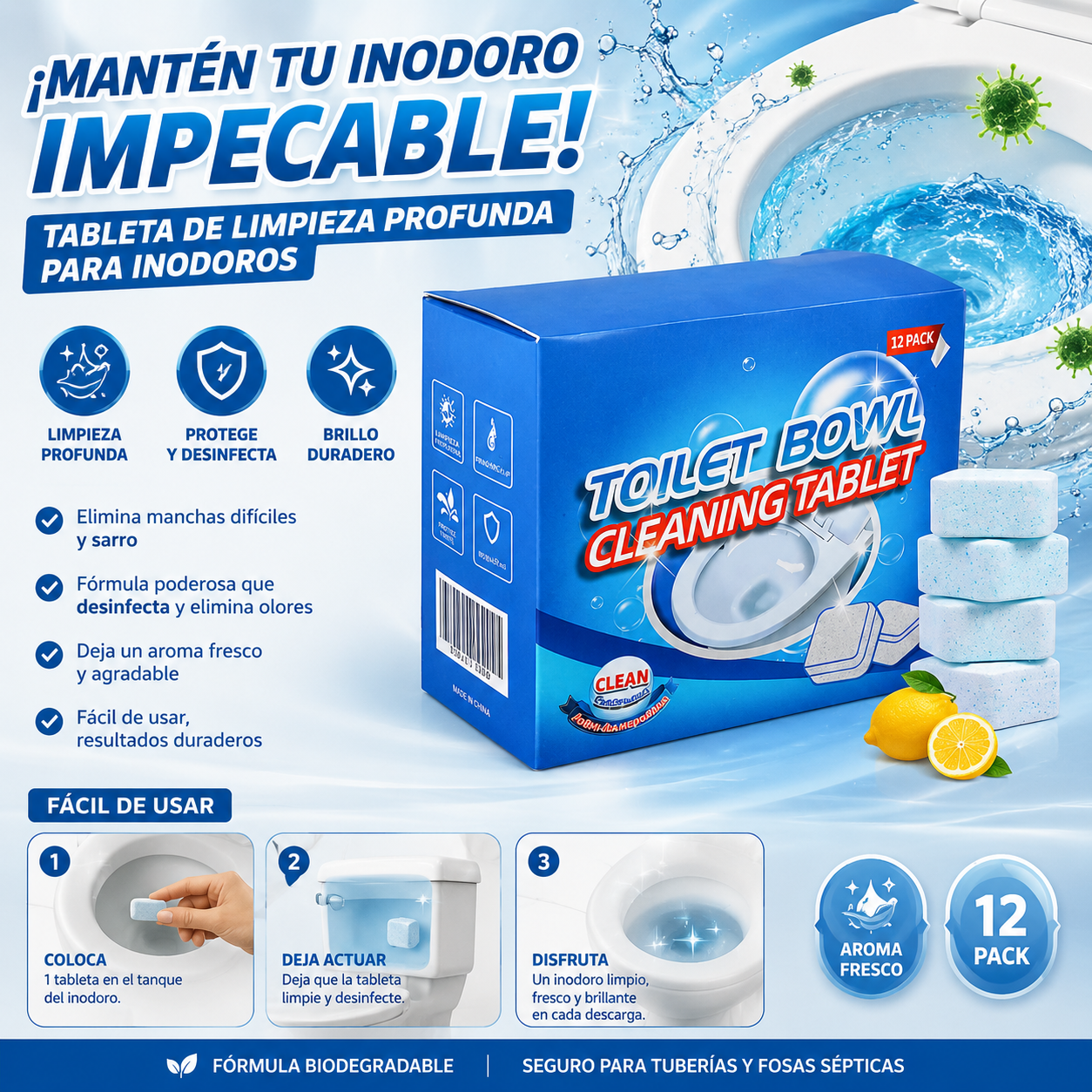 ¡Mantén tu inodoro impecable! Pack 12 Tableta de Limpieza Profunda para Inodoros