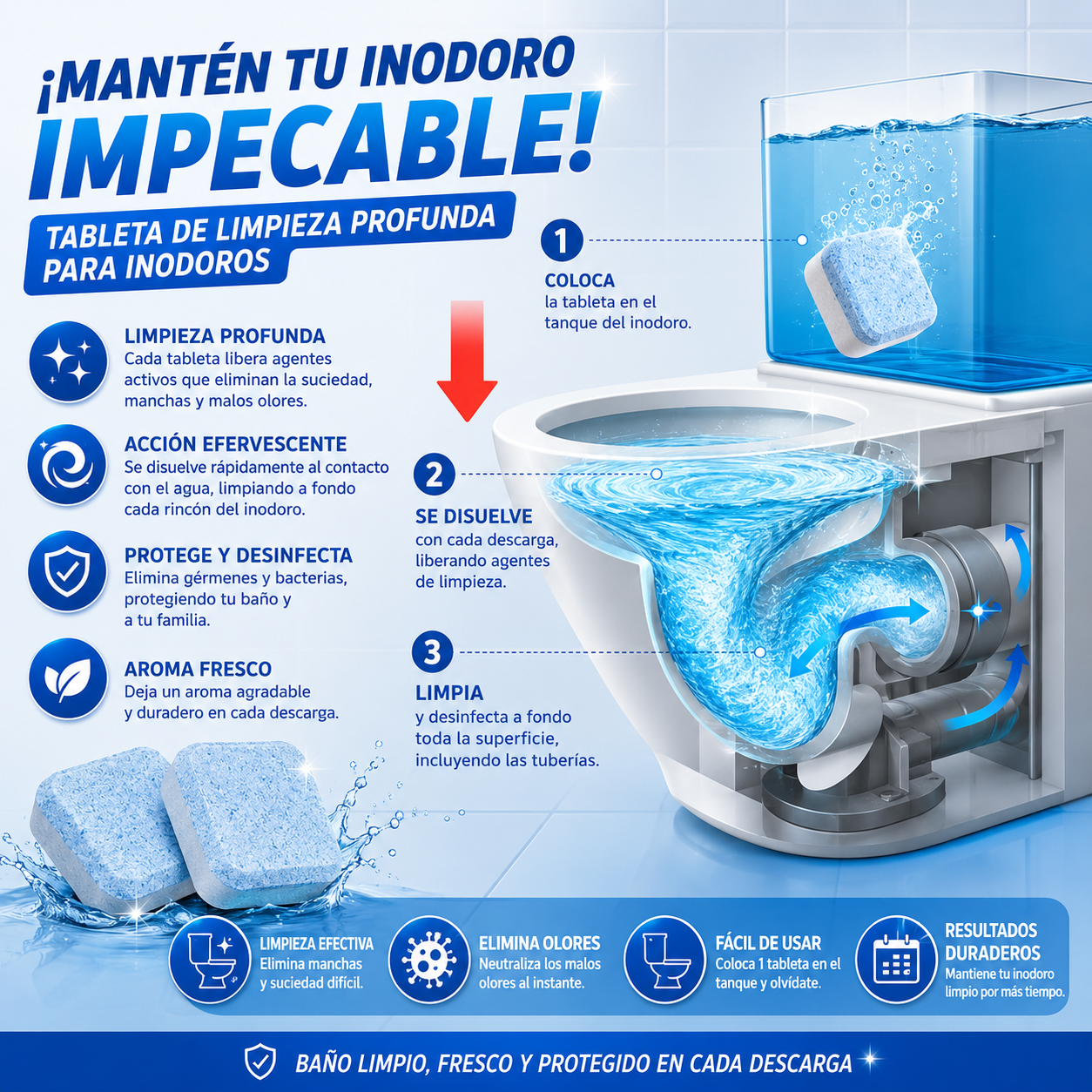 ¡Mantén tu inodoro impecable! Pack 12 Tableta de Limpieza Profunda para Inodoros