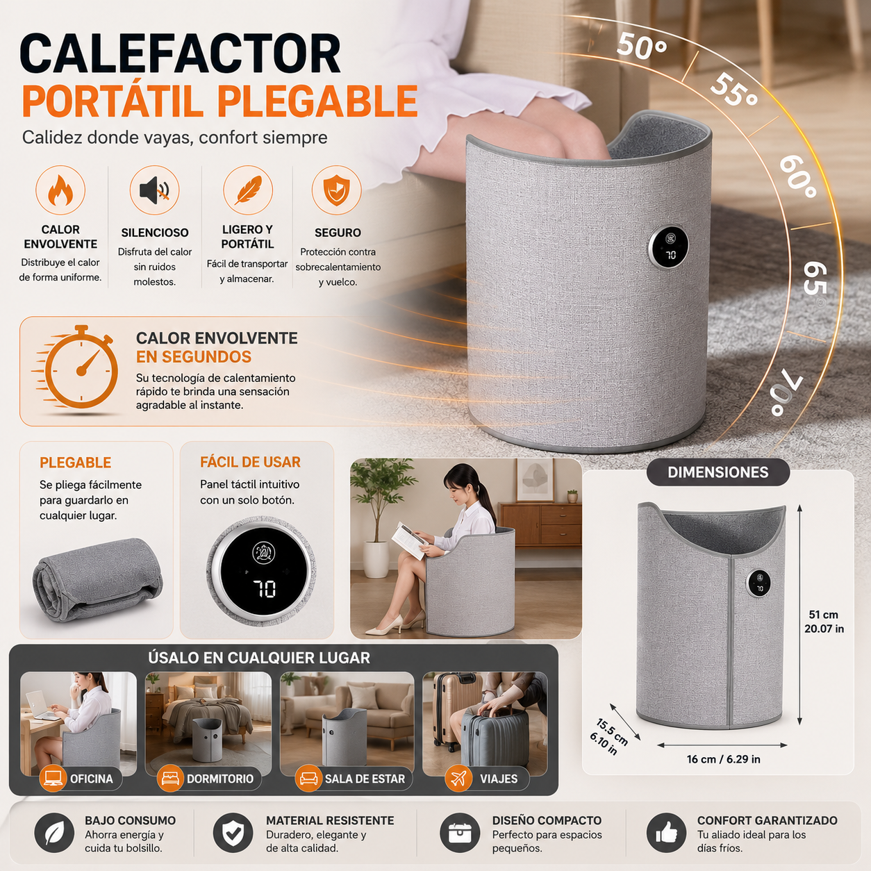 Calefactor Portátil Plegable de Bajo Consumo
