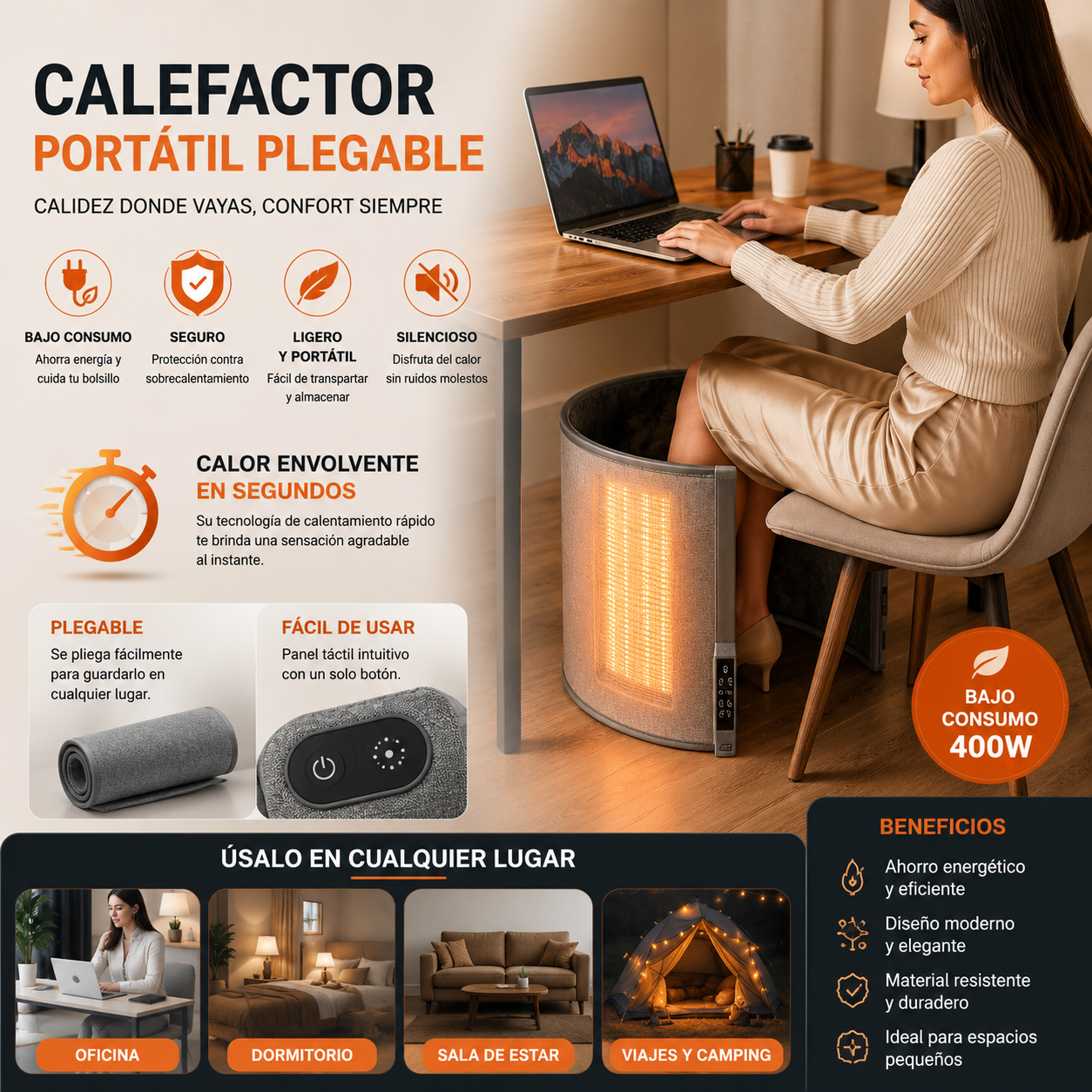 Calefactor Portátil Plegable de Bajo Consumo