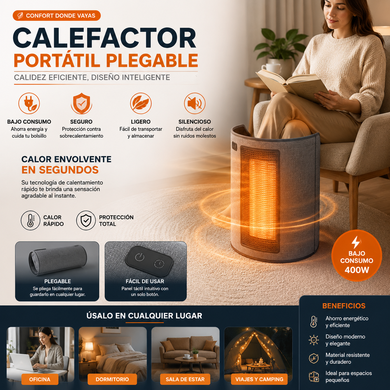 Calefactor Portátil Plegable de Bajo Consumo