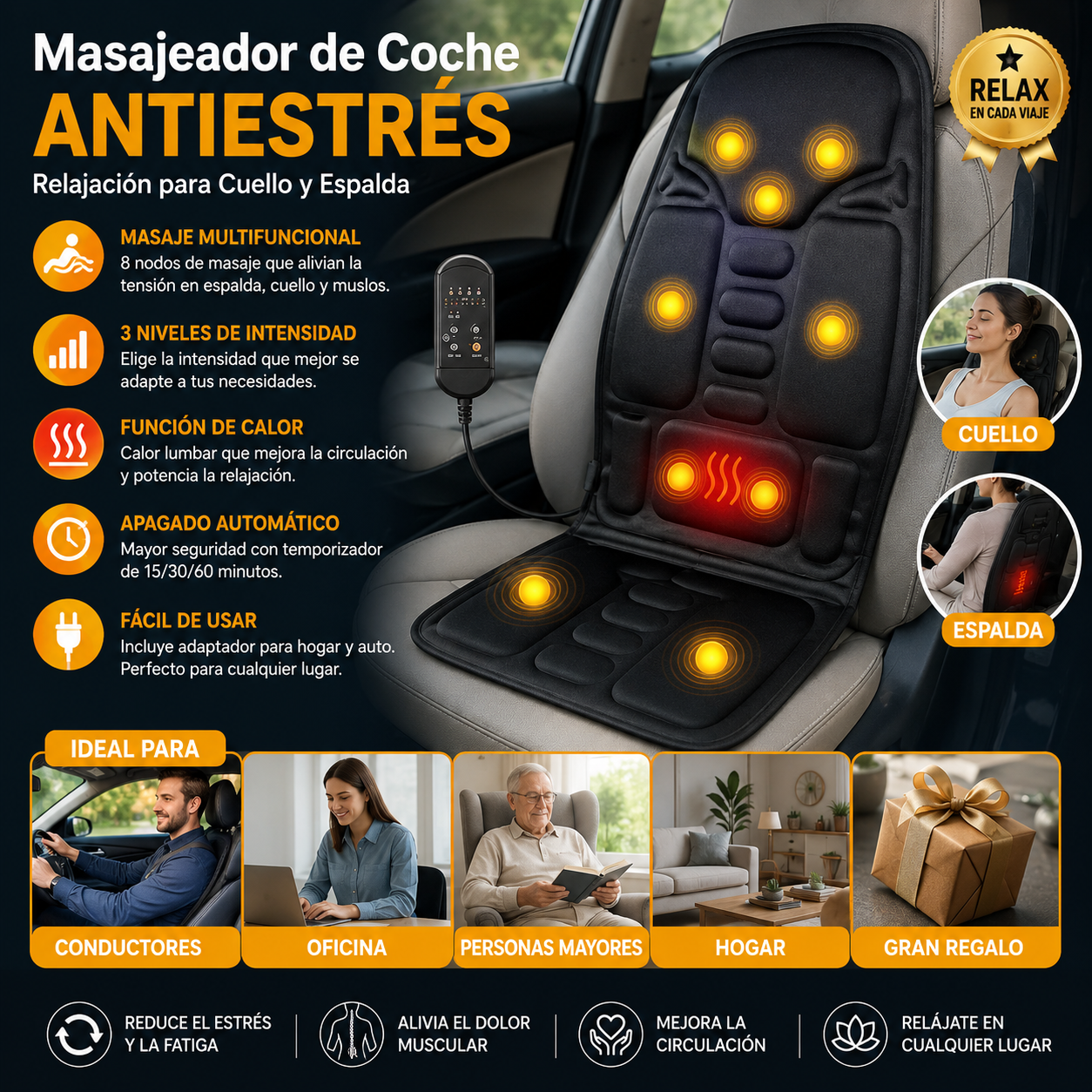 Masajeador de Coche Antiestrés | Relajación para Cuello y Espalda