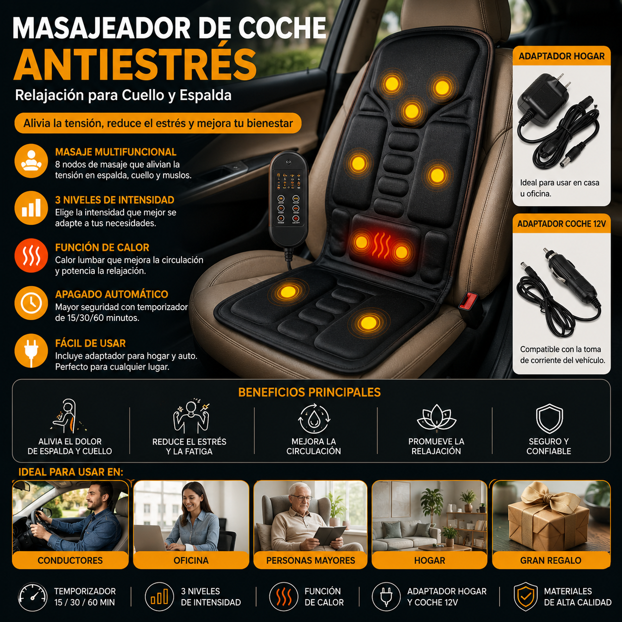 Masajeador de Coche Antiestrés | Relajación para Cuello y Espalda