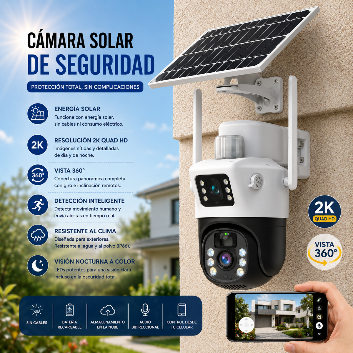 Cámara Solar 2K Doble lente 360-Conexión 24/7 sin electricidad
