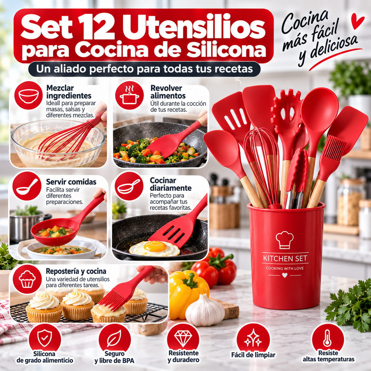 Set 12 Utensilios para Cocina de Silicona
